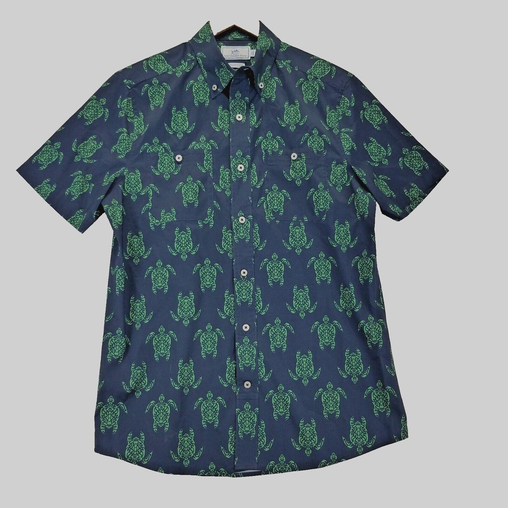 Southern Tide Performance Shirt Men Size S Blue Green Turtle Print Short Sleeve